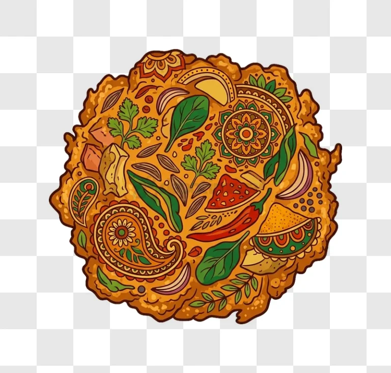 Indian Food Elements Mandala Art colorful intricate design on textured background