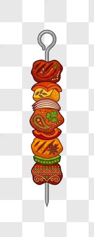 Indian Food Skewer Colorful Cartoon Art vibrant detailed illustration black background