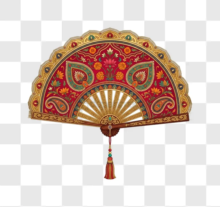 Indian Hand Fan With Floral Motifs vibrant red gold intricate patterns