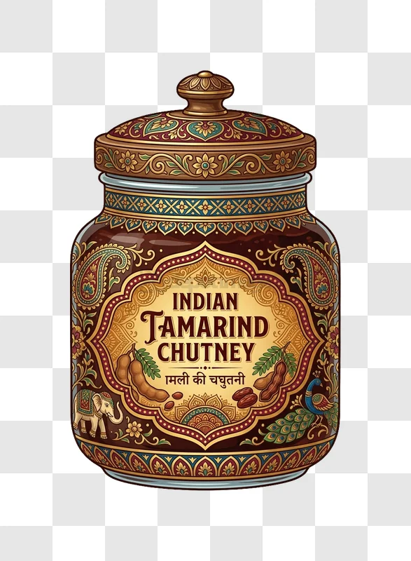Indian Tamarind Chutney Jar ornate detailed illustration rich colors