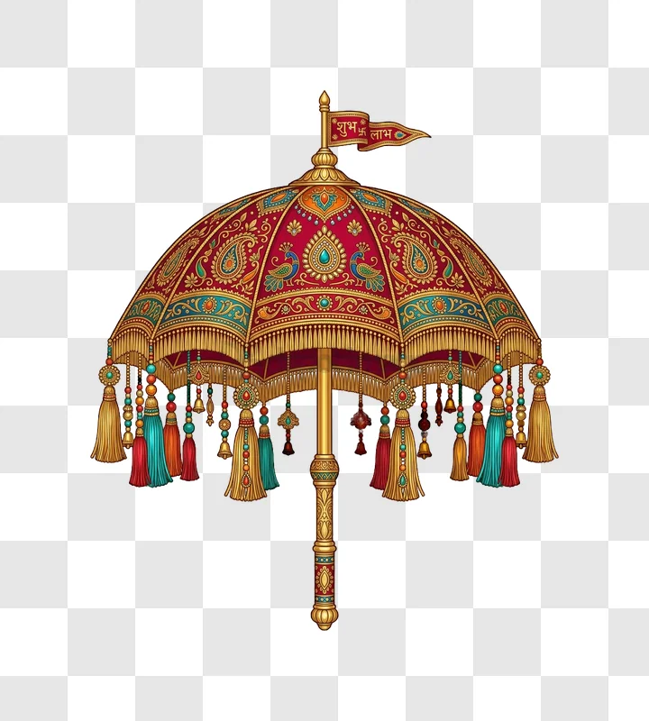 Indian Wedding Umbrella With Tassels ornate gold red blue