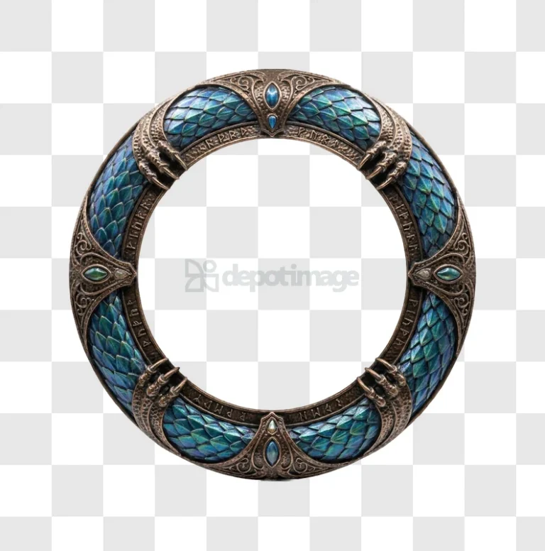 Intricate Fantasy Dragon Scale Ring With Ornate Details blue-green scales, ornate metalwork, transparent background