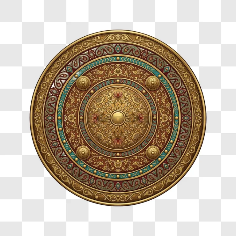 Intricate Golden Circular Mandala Art, ornate gold teal red pattern