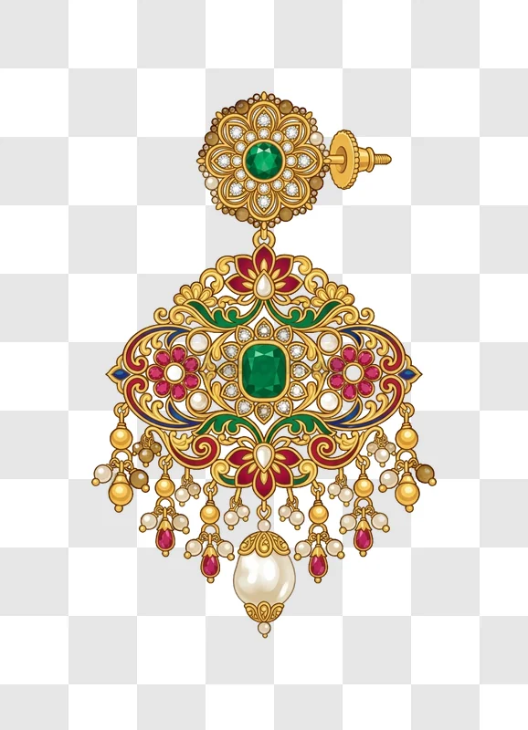 Intricate Golden Earring With Emeralds ornate gold emerald pearls