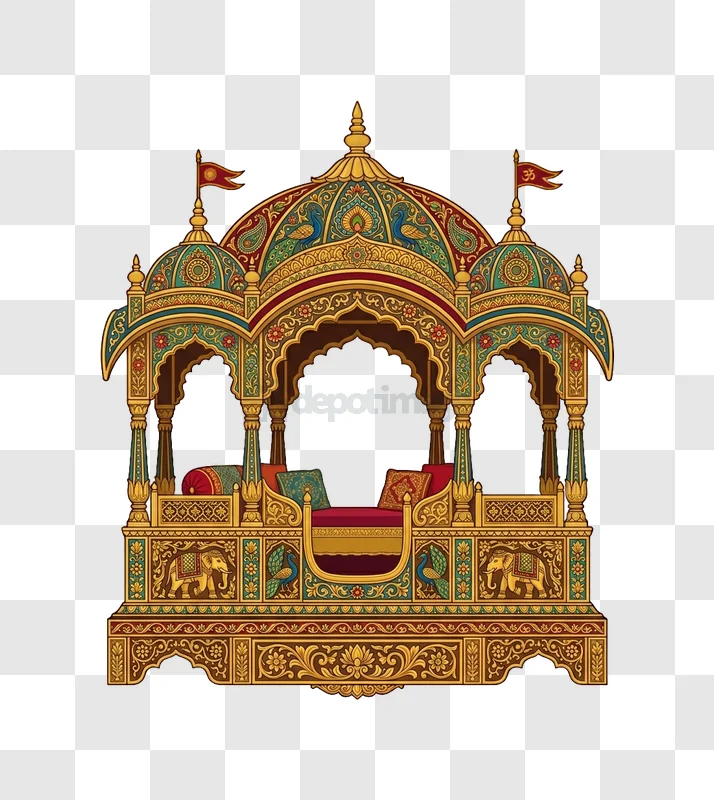 Intricate Indian Rajasthani Palanquin ornate gold teal red detailed