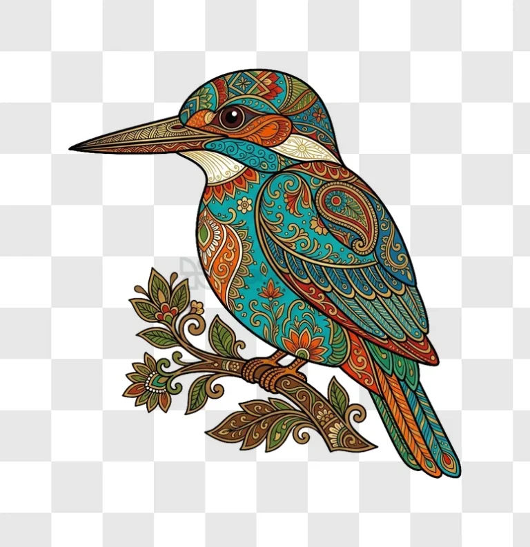 Intricate Mandala Bird on Branch Art colorful patterned bird on branch
