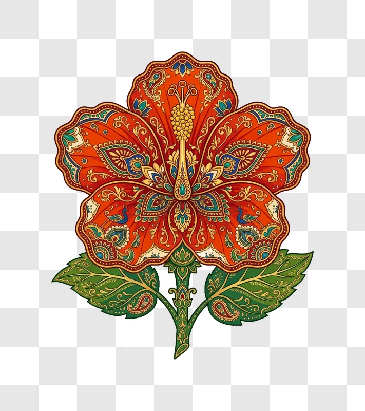 Intricate Mandala Hibiscus Flower Art ornate red gold teal paisley