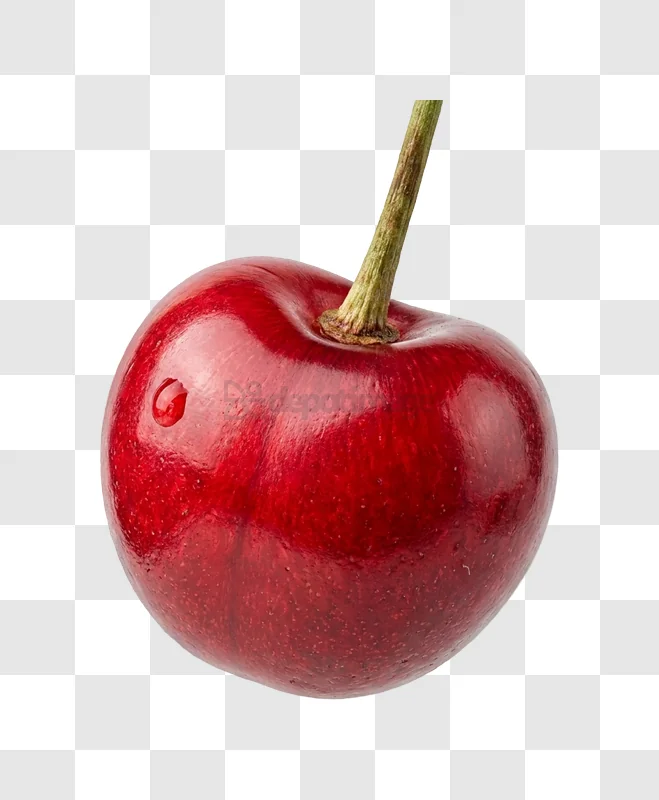 Juicy Red Cherry With Stem close-up with water droplet, glossy red, transparent background