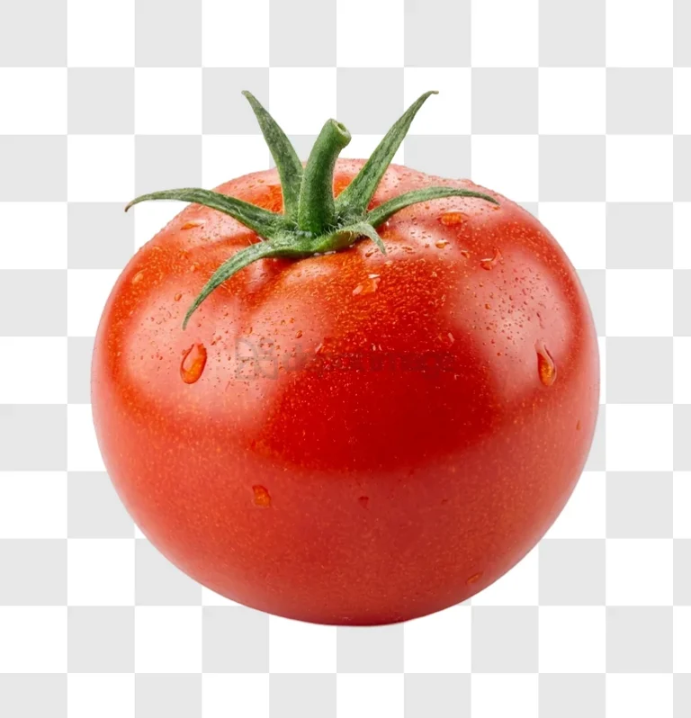 Juicy Red Tomato With Dew Drops Shiny with water droplets, green stem, transparent background