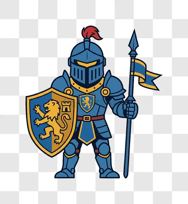 Knight Holding Spear With Lion Shield cartoon style blue gold armor