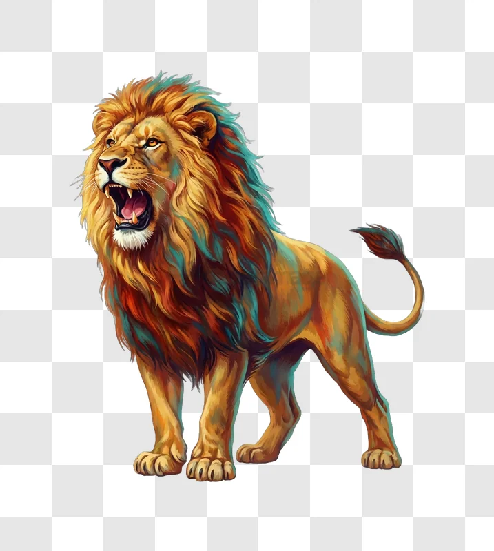 Lion Roaring With Colorful Mane vibrant digital art transparent background
