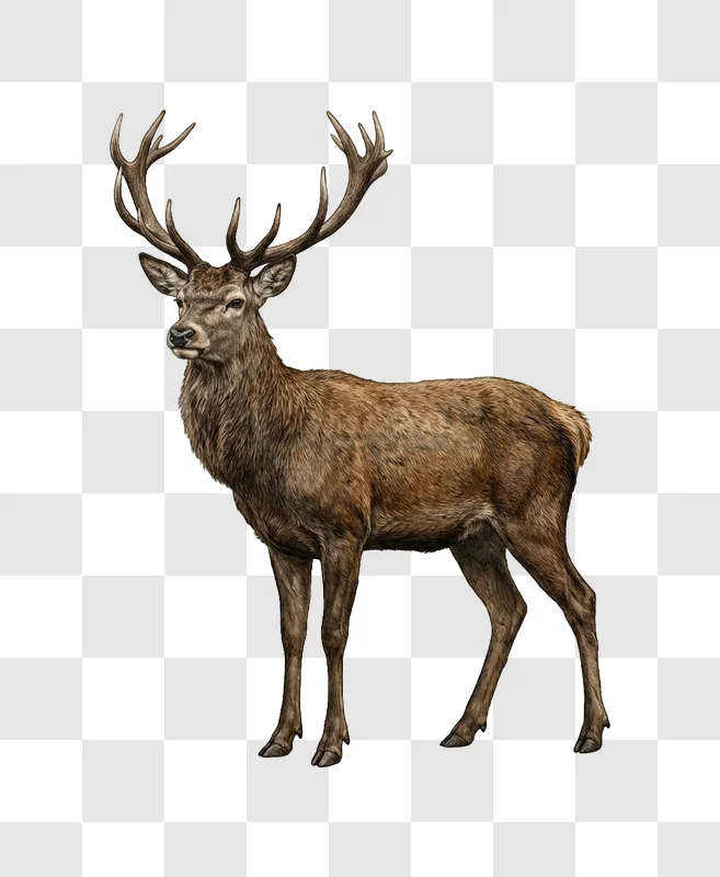 Majestic Deer Standing With Large Antlers realistic illustration brown fur