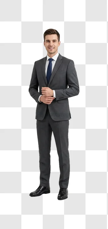 Man in Gray Suit Standing With Hands Folded, professional attire smiling isolated