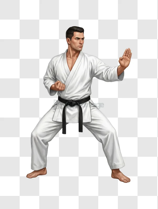 Man Practicing Karate Stance digital illustration white gi black belt