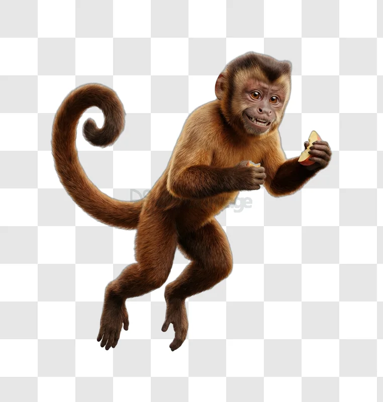 Monkey Eating Apple With Tail Curled up brown fur transparent background