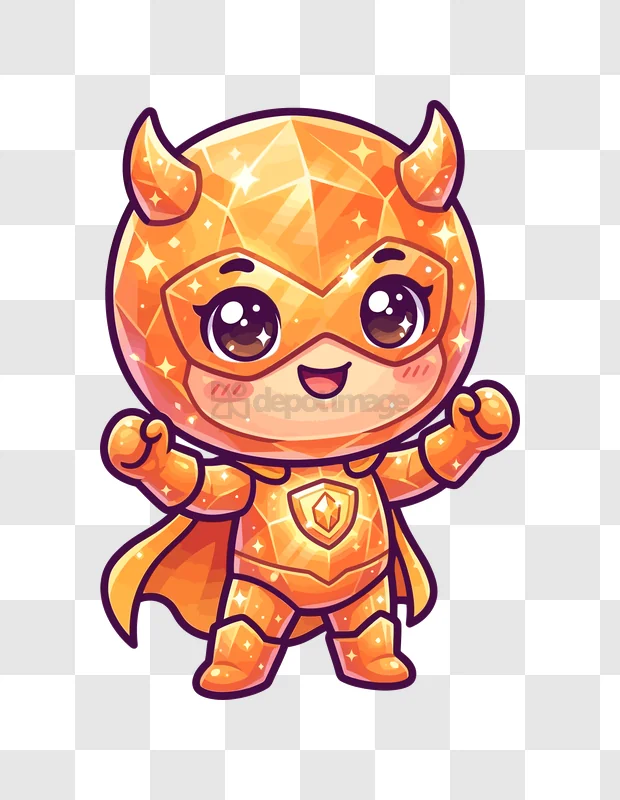 Orange Crystal Hero With Shining Eyes chibi cartoon style, orange and gold colors