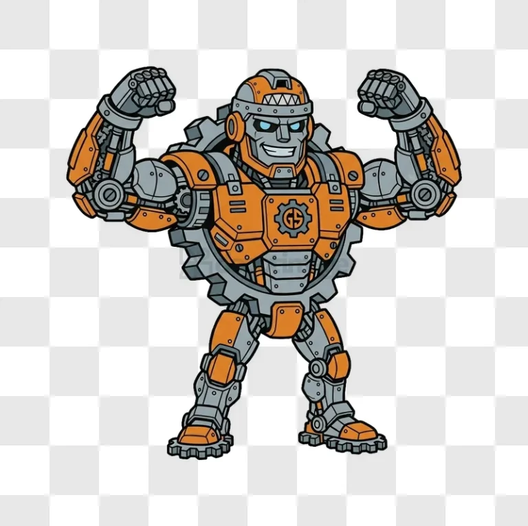 Orange Mechanical Robot Pose on Transparent flexing arms cartoon style