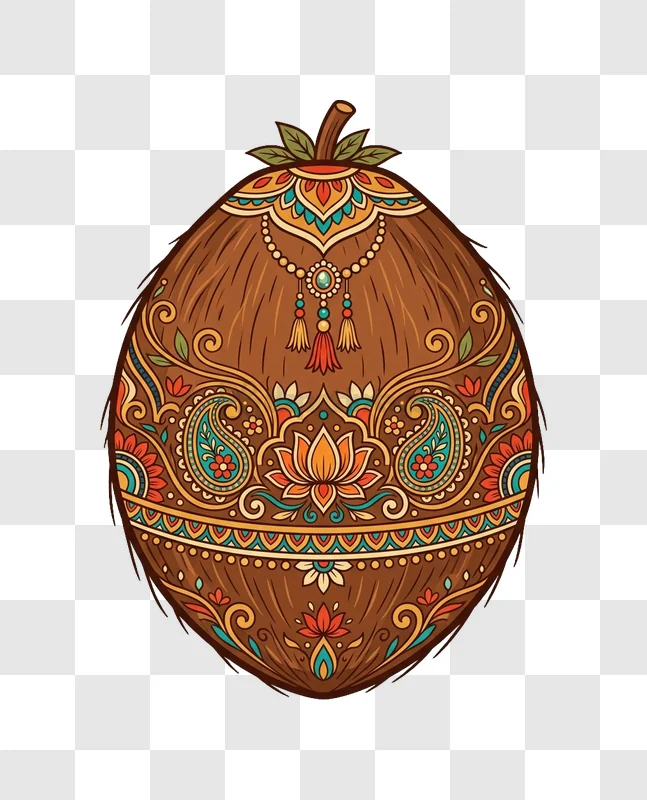 Ornate Coconut Decorated With Mandala Art intricate colorful illustration