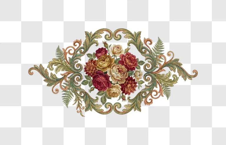 Ornate Floral Motif With Acanthus Leaves intricate vintage design, red gold green