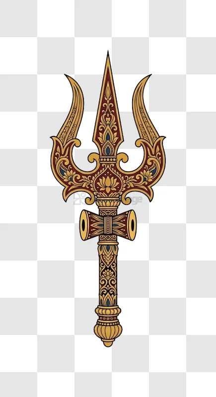 Ornate Golden Trident With Damaru, richly decorated gold maroon blue