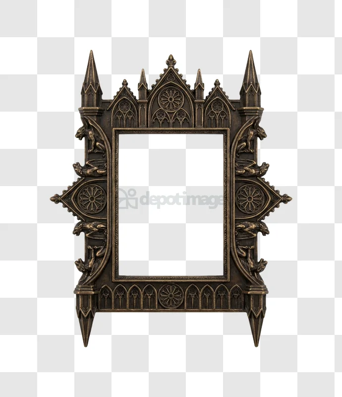 Ornate Gothic Frame With Intricate Carvings and Architectural Details dark bronze transparent background