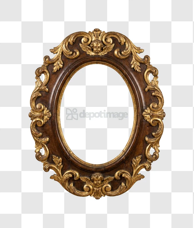 Ornate Oval Gold and Brown Picture Frame carved wood cherubs transparent background