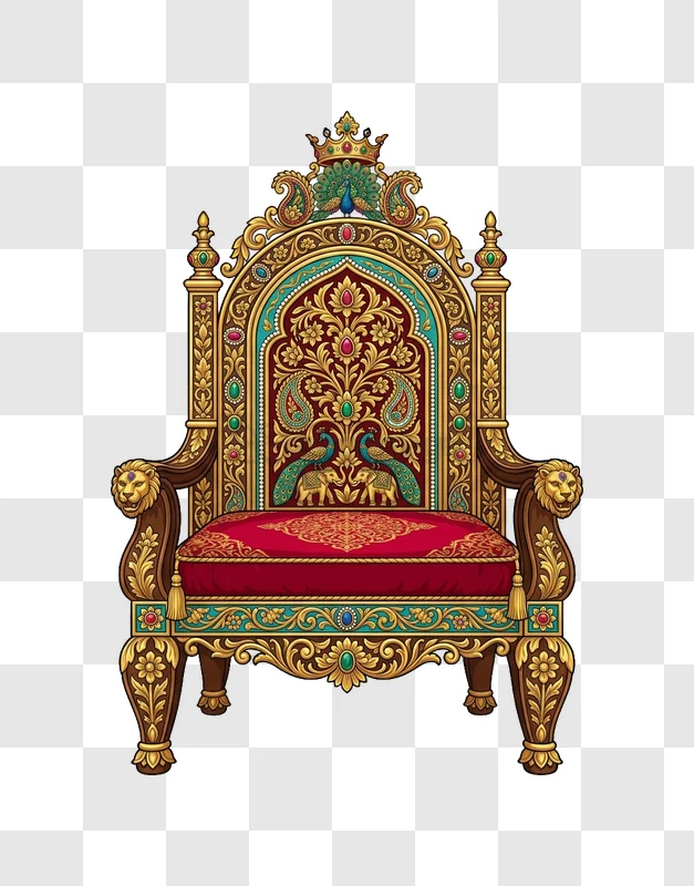 Ornate Royal Throne Peacock Detail, richly decorated gold red teal
