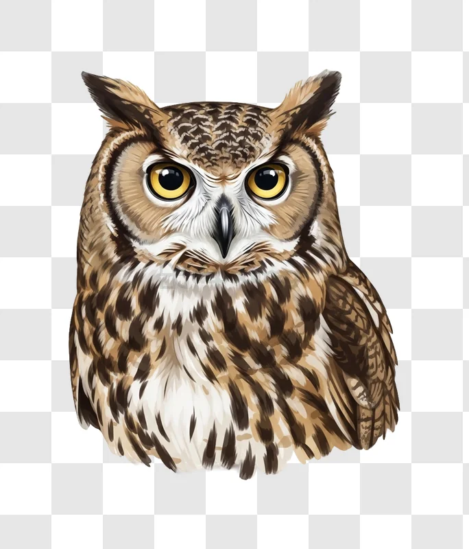Owl With Large Eyes detailed illustration, brown and white feathers, yellow eyes