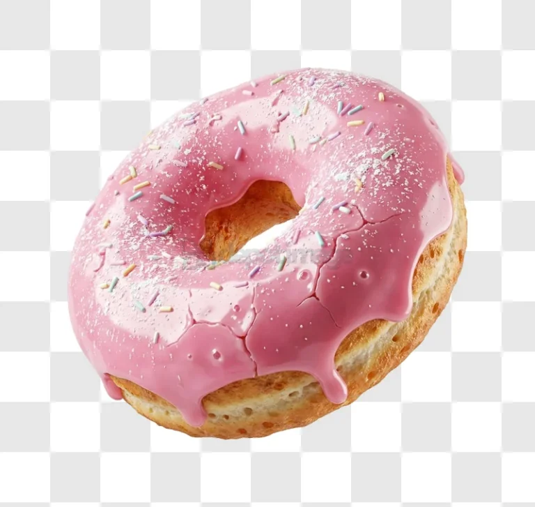 Pink Donut With Sprinkles on White, glossy pink icing, colorful sprinkles, transparent background