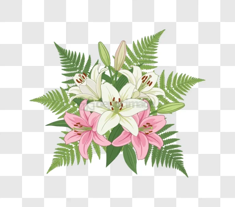 Pink White Lilies Ferns Arrangement vector illustration transparent background