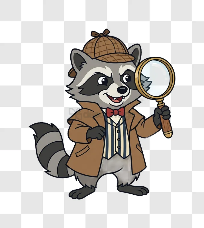 Raccoon Detective Holding Magnifying Glass Cartoon, cartoon style brown coat red bow tie