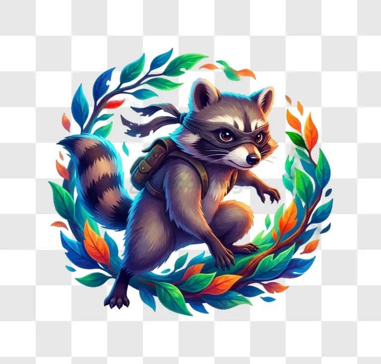 Raccoon With Backpack Amidst Colorful Leaves cartoon style vibrant colors