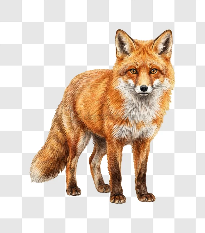 Red Fox Standing Alert detailed illustration orange fur