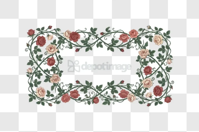 Rose Vines Border intricate green leaves red and cream roses