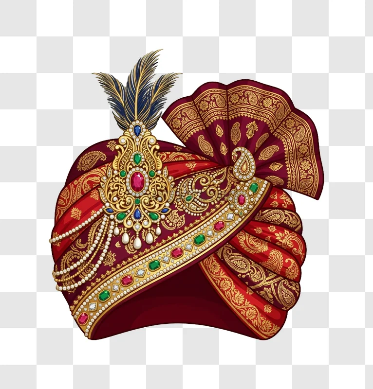 Royal Indian Turban Jewel Adorned ornate red gold jeweled feathers