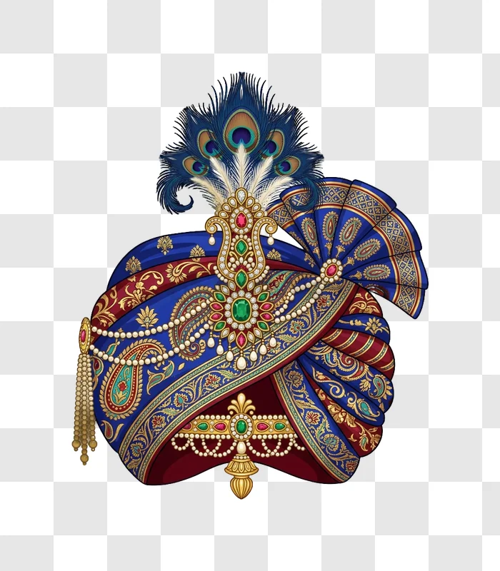 Royal Turban With Jewels and Peacock ornate blue red gold design