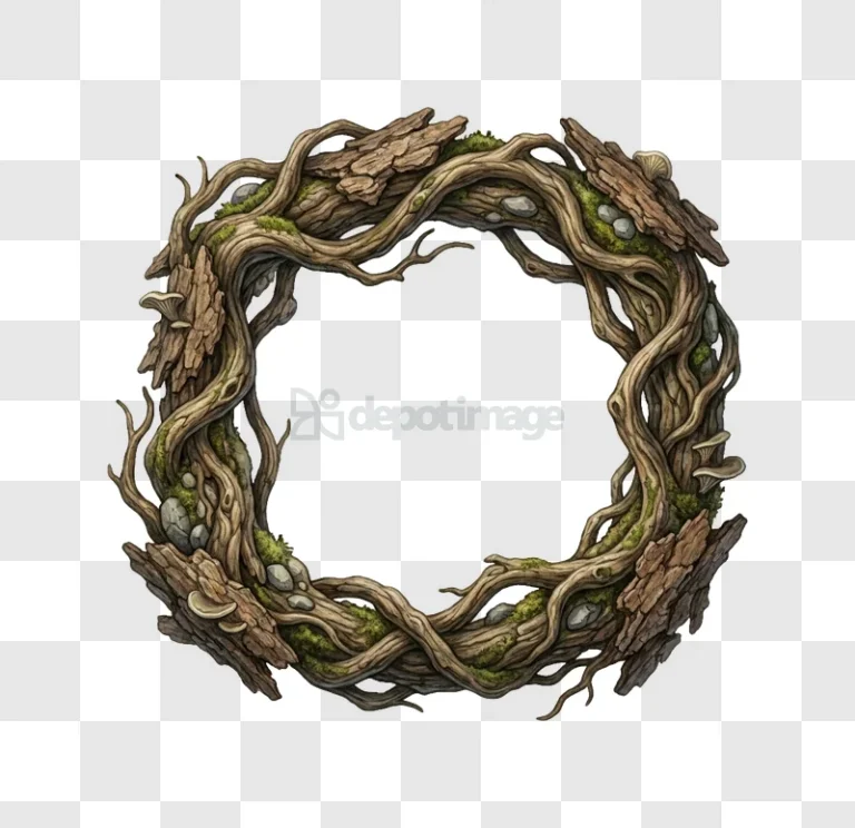 Rustic Tree Branch Wreath Frame Nature Illustration intricate branches moss rocks