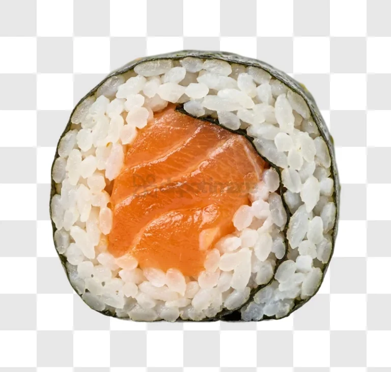 Salmon Sushi Roll With Rice and Seaweed close up view, orange salmon, white rice