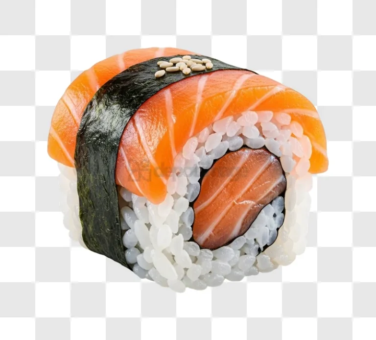 Salmon Sushi Roll With Sesame Seeds realistic food photography, white rice, orange salmon