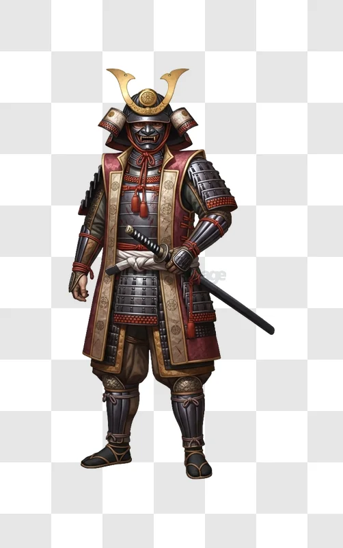 Samurai Warrior Holding Sword in Darkness detailed armor dark background
