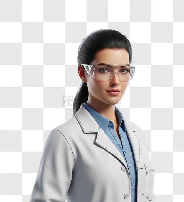 Scientist in Lab Coat With Safety Glasses female wearing protective eyewear, transparent background