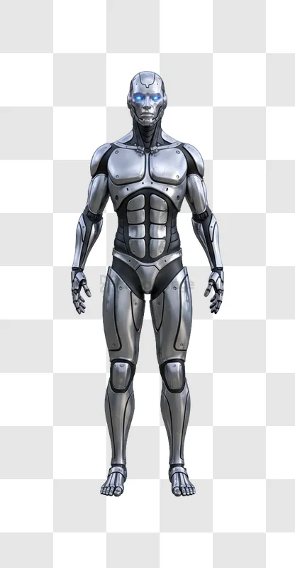 Silver Cyborg Standing in Futuristic Armor metallic humanoid robot glowing eyes