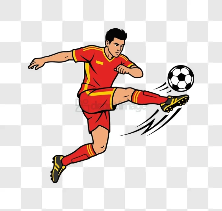 Soccer Player Kicking Ball Action cartoon style red yellow kit