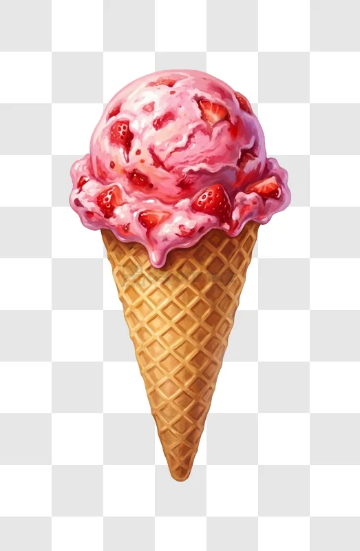 Strawberry Ice Cream Melting in Cone vibrant pink realistic illustration