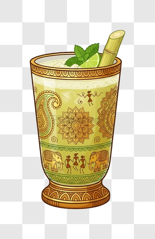 Sugarcane Juice With Indian Motifs vibrant illustration, lime, mint, gold accents