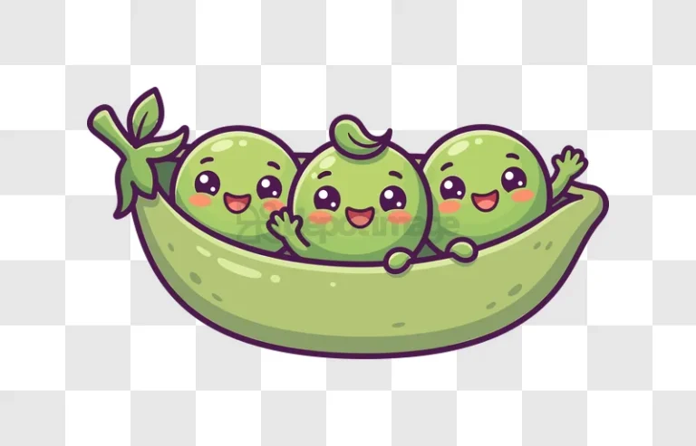 Three Cute Peas in a Pod cartoon style green transparent background
