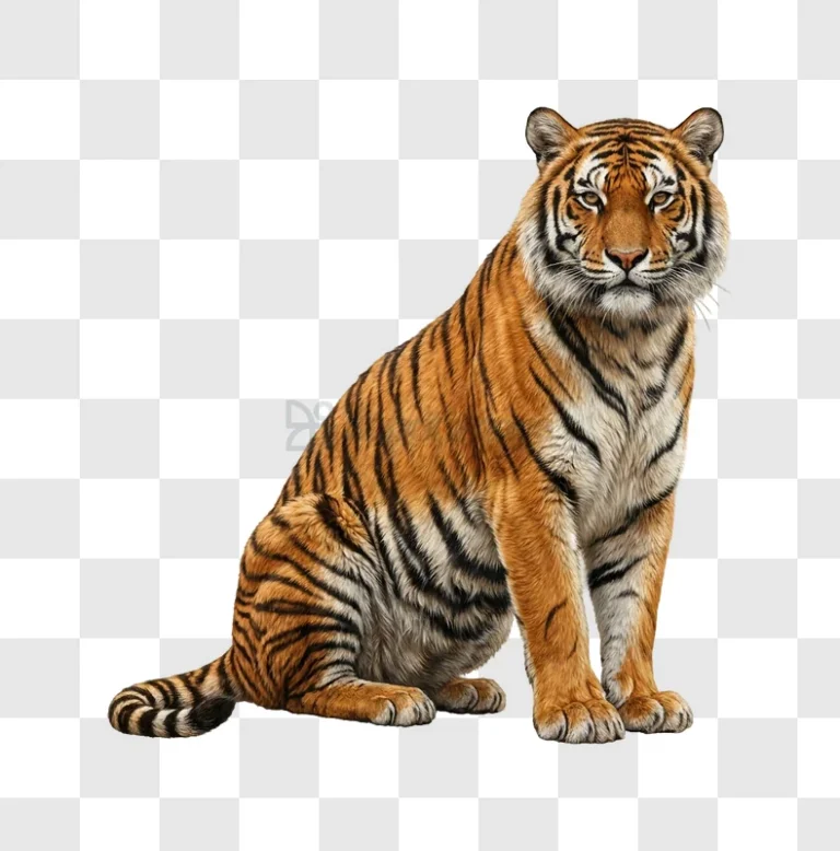 Tiger Sitting Alertly orange striped fur black background
