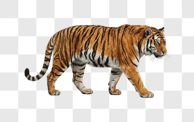 Tiger Walking With Graceful Stride realistic orange black stripes transparent background