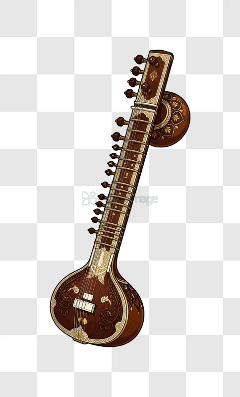 Traditional Indian Sitar, dark wood with gold details
