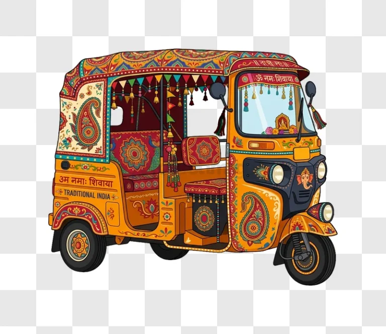 Vibrant Indian Auto Rickshaw Decorated with colorful patterns and paisley designs